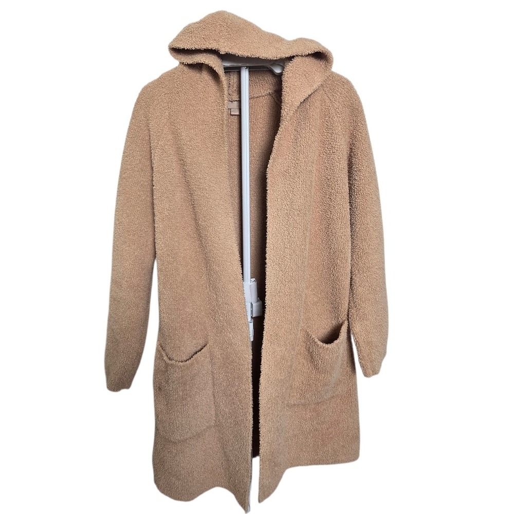 Barefoot Dreams CozyChic Plush‎ Hooded Duster Cardigan Tan Camel Open Front Sz S